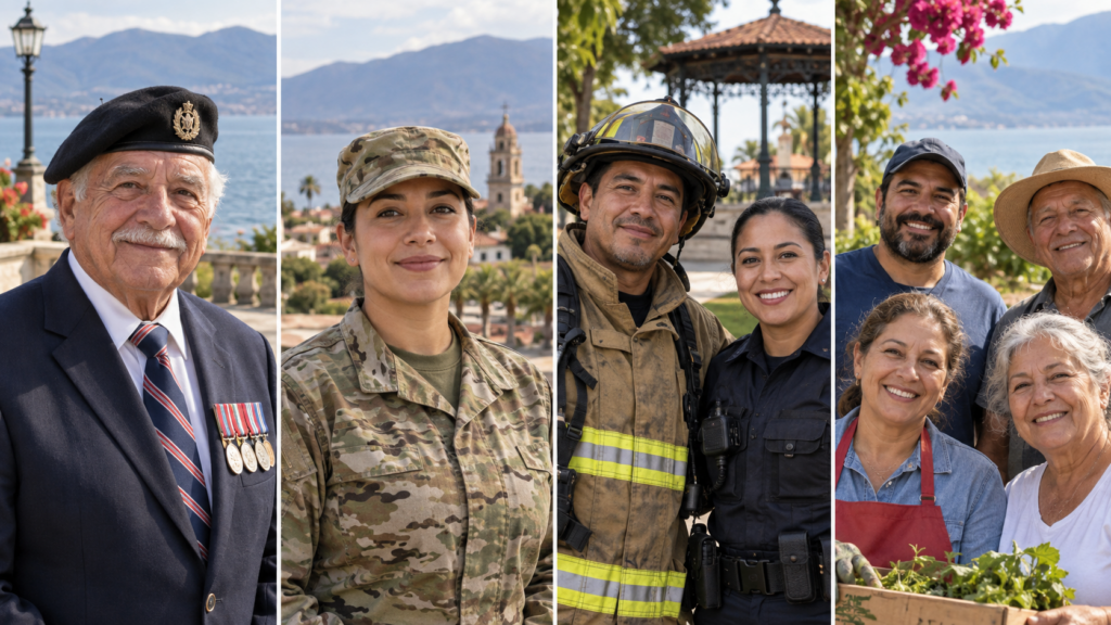 Adults representing veterans, serving military members, first responders, and civilian community volunteers at Lake Chapala